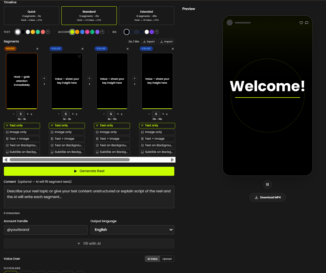 BulkInsta reels generator interface